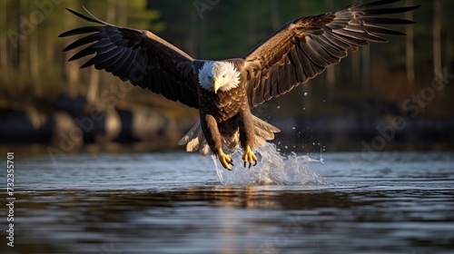 White-tailed Eagle, Haliaeetus albicilla, flying above the water, bird of prey with forest in background, animal in nature habitat, wildlife, Norway. Eagle in water lake, drops splash - big
