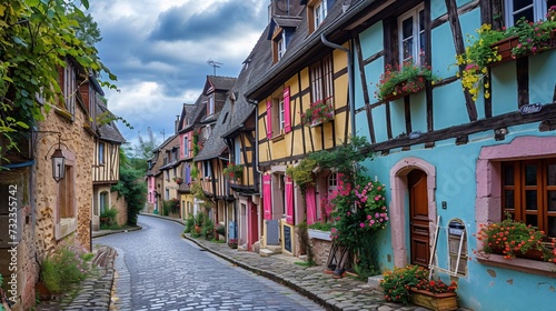 Vibrant historic half-timbered homes in one of France's most picturesque villages. © ckybe