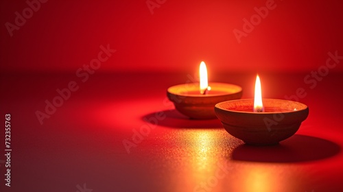 Celebration of Indian holiday Diwali with traditional glowing lamps on a crimson backdrop.