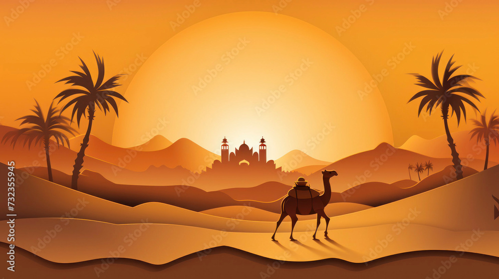 banner illustration for the Muslim holiday of Ramadan. camel, palm trees and mosque in orange shades with copy space. concept religion, muslims, celebration, East
