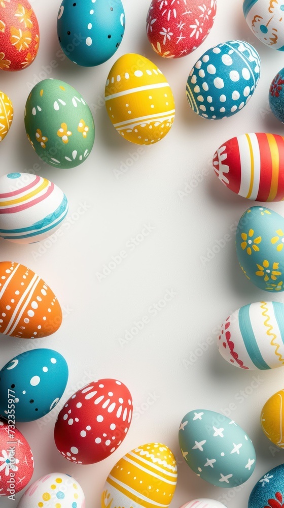 banner multi-colored bright Easter eggs on a white background.top view.place for text,mock-up.concept for advertising a farm store,Easter.vertical photo