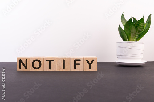 The word NOTIFICATIONS made of building blocks on a dark table with a flower and a light background