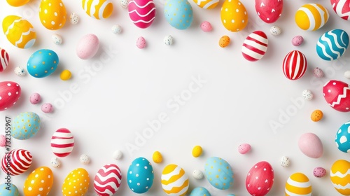 banner multi-colored bright Easter eggs on a white background.top view.place for text,mock-up.concept for advertising a farm store,Easter
