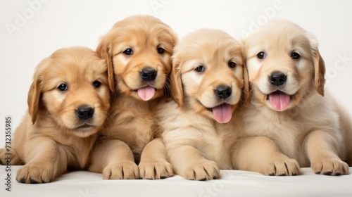 banner four labrador or golden retriever puppies sitting in a row on a white background. space for text. mock-up. concept for advertising healthy sleep, pet store