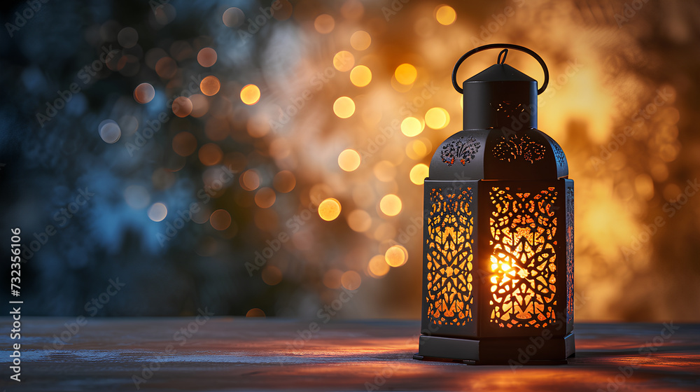 Black lantern with arabesque shadow on background, Space for text