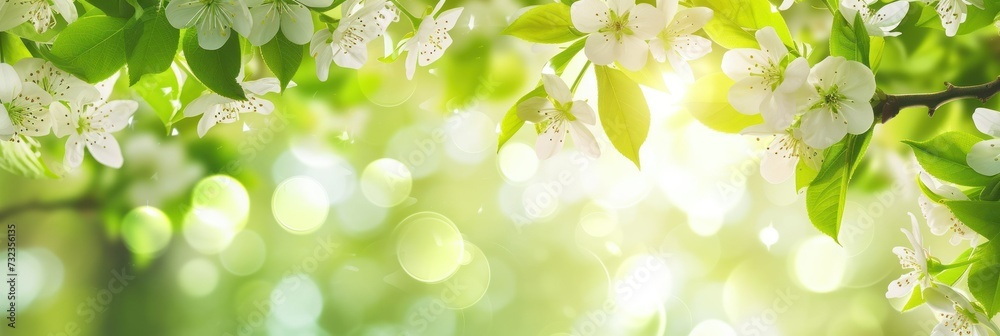 banner blossoming branch of apple or cherry tree with white flowers. green background. defocus. soft focus. place for text, mock-up