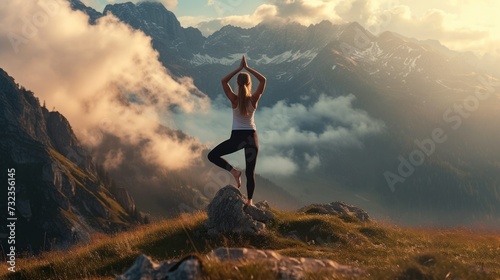a woman stands with her back in a tree yoga pose on a stone,in nature around the mountain,fog and the sun rises.the concept of a healthy lifestyle, advertising travel to the mountains.mock-up,defocus