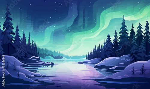 snowy landscape with aurora borealis vector simple isolated illustration photo