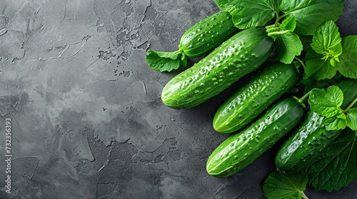 Fresh organic farmer s cucumbers on grey rustic stone background  top view  promoting healthy nutrition and cooking.