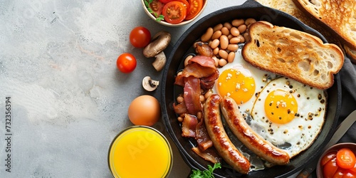 Traditional English breakfast with sunny-side up eggs, sausages, crispy bacon, mushrooms, and beans in a cast-iron skillet, served with toast