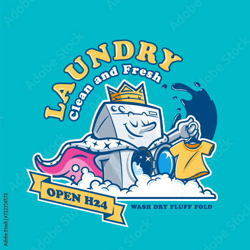 washing machine cartoon king with crown cloak washes a t-shirt 24 hour cleaning