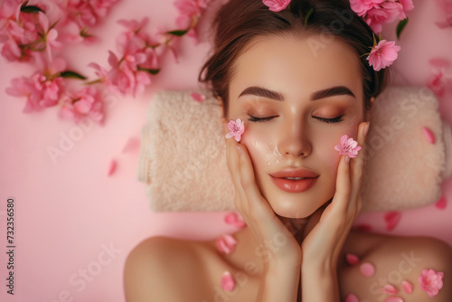 Young woman having a spa treatment on a pink background with flowers, top view. Self care concept banner with copy space
