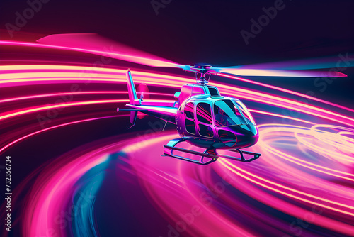 Mesmerizing neon illustration of a soaring helicopter isotated on black background. Created with generative AI.