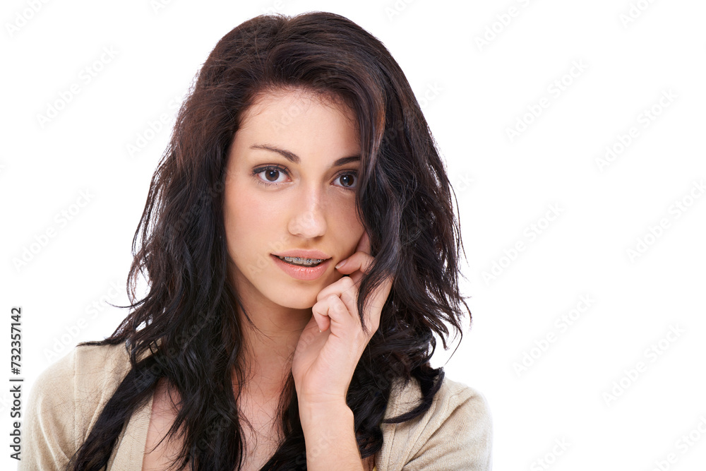 Face, beauty and woman with hair in studio, wellness and glow with hairstyle and cosmetics on white background. Model in portrait, grooming and haircare with cosmetology, mockup space and texture Face, beauty and woman with hair in studio, wellness and glow with hairstyle and cosmetics on white background. Model in portrait, grooming and haircare with cosmetology, mockup space and texture
