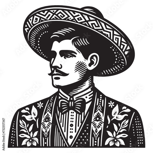Mexican man in traditional attire and sambrero hat. Vintage engraving vector illustration. outline emblem, icon, logo. Black and white