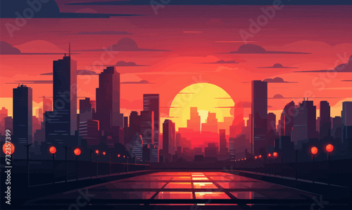 Sunset against the backdrop of the city. Vector illustration