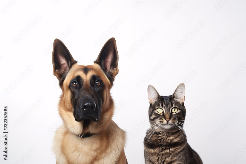 A canine and feline stare playfully at the lens against a plain backdrop.