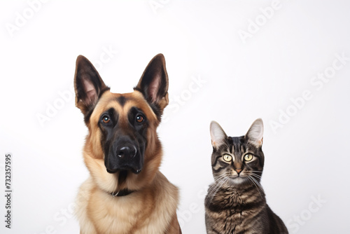 A canine and feline stare playfully at the lens against a plain backdrop.
