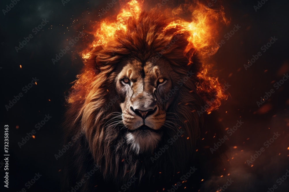cinematic portrait of a lion with flames surrounding its face. 
