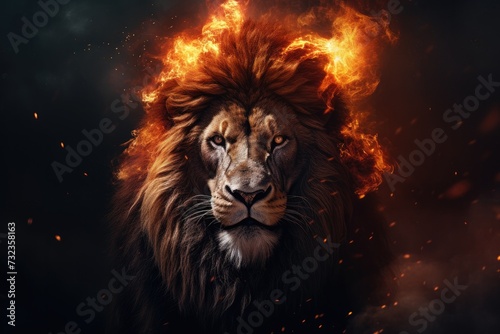 cinematic portrait of a lion with flames surrounding its face.  © CreativeCreations
