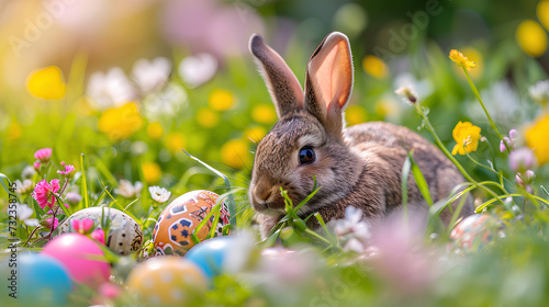 Easter bunny amidst a meadow of colorful eggs on a sunny day