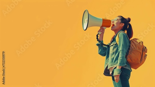 young woman screaming in a loudspeaker, announcing discount and offer sales, yellow background, black friday shopping concept, megaphone, hurry