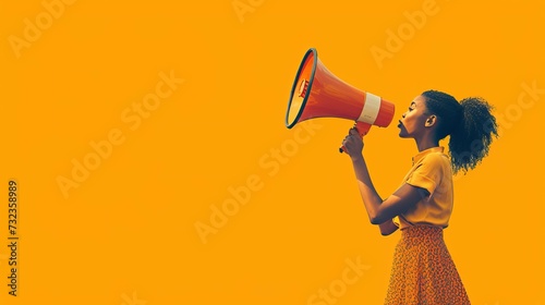 young woman screaming in a loudspeaker, announcing discount and offer sales, yellow background, black friday shopping concept, megaphone, hurry