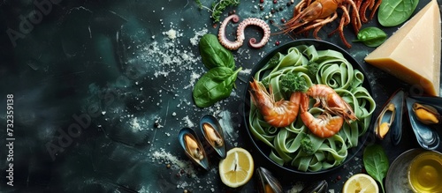 A delicious recipe combining shrimp  mussels  and noodles  served on a table with a leafy green vegetable as a staple ingredient.