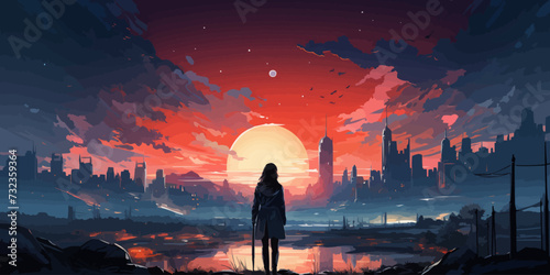 woman sitting outside against the futuristic city scene in the background vector flat bright colors