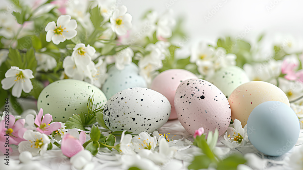Easter eggs accompanied by delicate flowers, set against a pure white background
