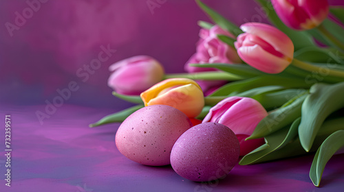 Easter eggs and tulips on a purple background