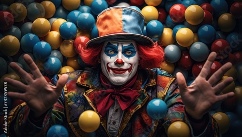 Balloon-bedecked clown: A portrait of cheerful whimsy.