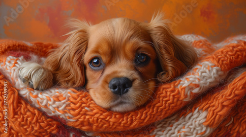 A brown puppy is wrapped in an orange and white blanket