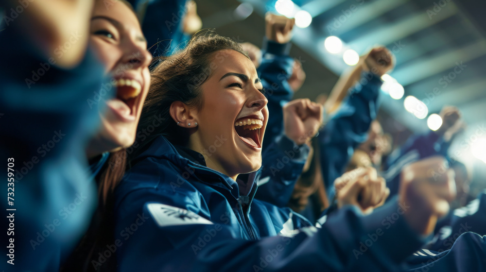 Scottish football soccer fans in a stadium supporting the national team - obrazy, fototapety, plakaty 