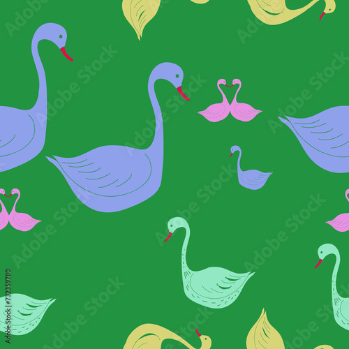 Seamless doodle  swans . Hand drawn.