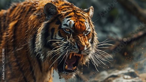 Close-Up of a Roaring Tiger Amidst Nature, Showcasing Vibrant Colors and Detailed Fur Texture
