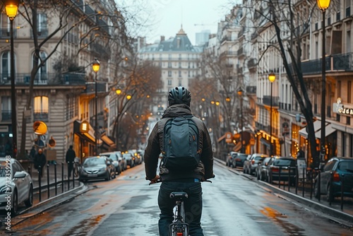 Fototapeta Naklejka Na Ścianę i Meble -  Mysterious man biking through the streets of Paris, France.
