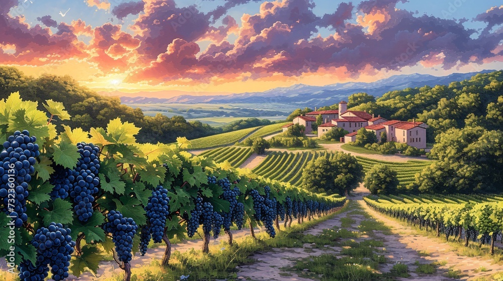 French vineyard in Burgundy, renowned for its wine tasting, featuring popular grapes in a scenic Bordeaux setting, with a serene winery and delectable French wines made from harvested cabernet grapes.