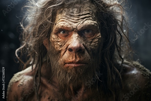 Prominent Neanderthal man face. Primitive history old male portrait. Generate Ai