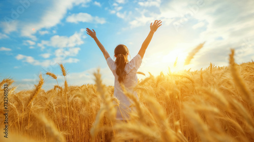 Joyful woman with arms raised in wheat field.
