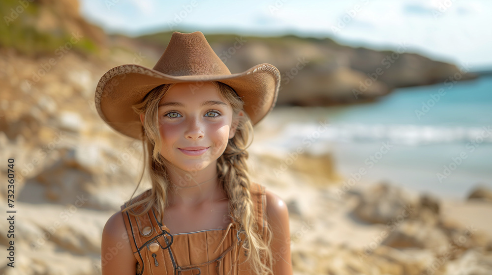 Happy young girl in sun hat, smiling on beach overlooking water