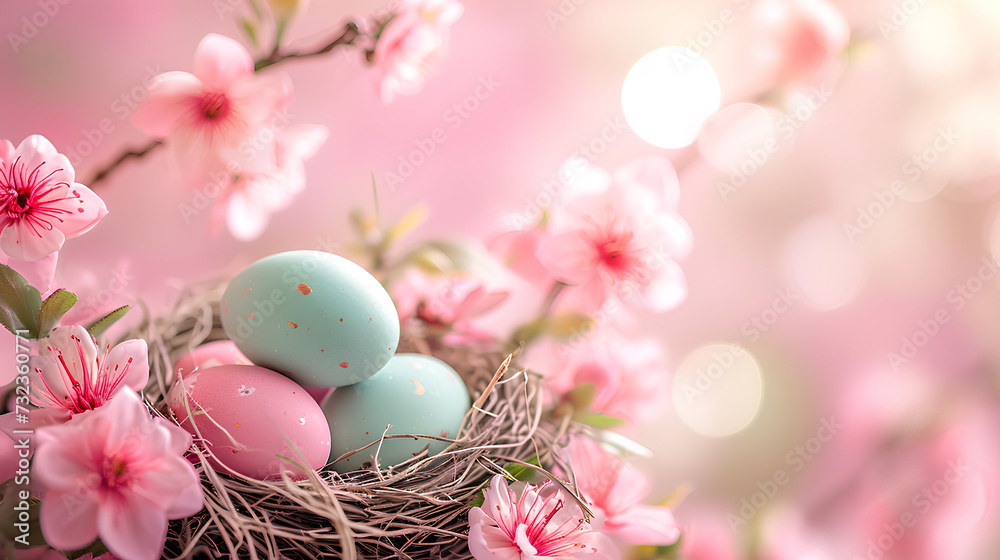 Happy Easter concept with Easter eggs in a nest and spring flowers on a pink background Happy Easter concept with Easter eggs in a nest and spring flowers on a pink background