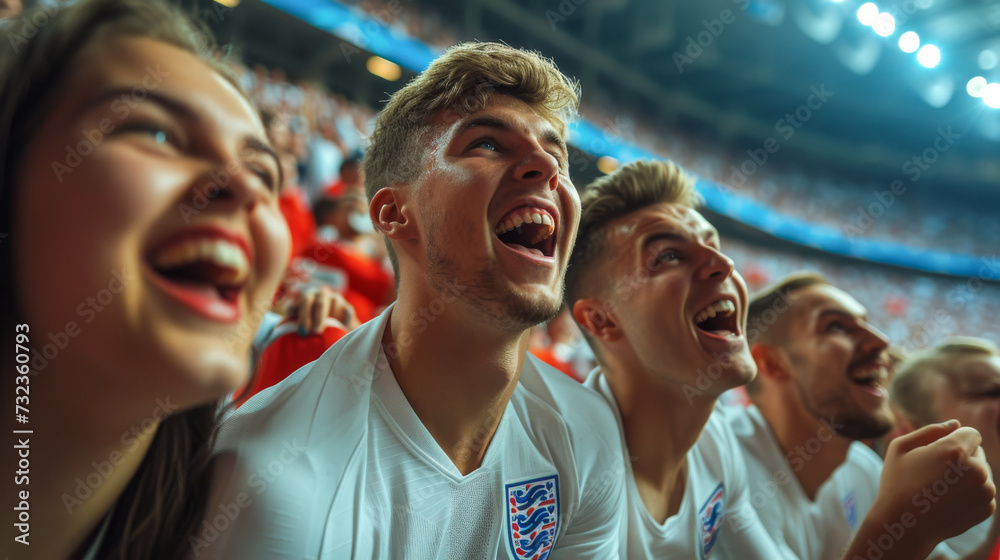 English football soccer fans in a stadium supporting the national team, Three Lions
