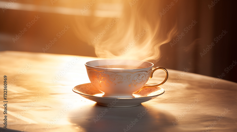 Elegant cup of steaming hot coffee in warm sunrise light