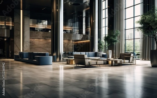 Empty luxury hotel lobby, with sleek modern design and chic decor. Elegant expensive materials like marble, metal, stone. AI Generative.