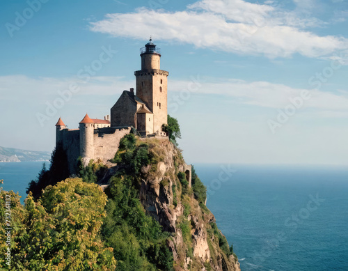 Medieval castle on top of a cliff, surrounded by walls, stones, green trees, pine trees, grass, stone walls, high towers, gray roofs, under a beautiful blue sky.