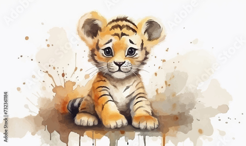 Watercolor illustration tiger cub lion cub stains splashes, children's cute cartoon room decor, photo wallpaper, print, poster, wall painting