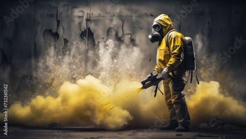Man in radiation-proof suit applies spray for decontamination.