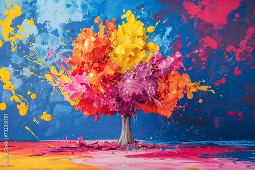 A vibrant tree bursts with life as it is brought to life through the playful strokes of art paint and modern techniques