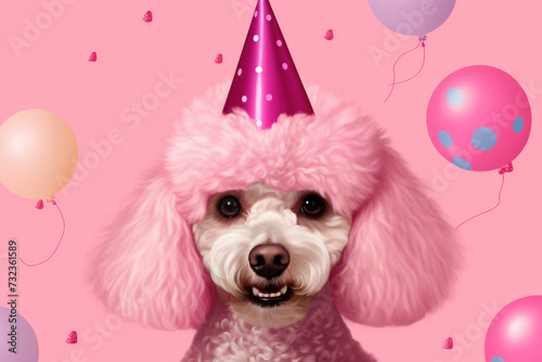 Party-themed poodle with birthday hat and balloons on pink background. Celebration and joy.